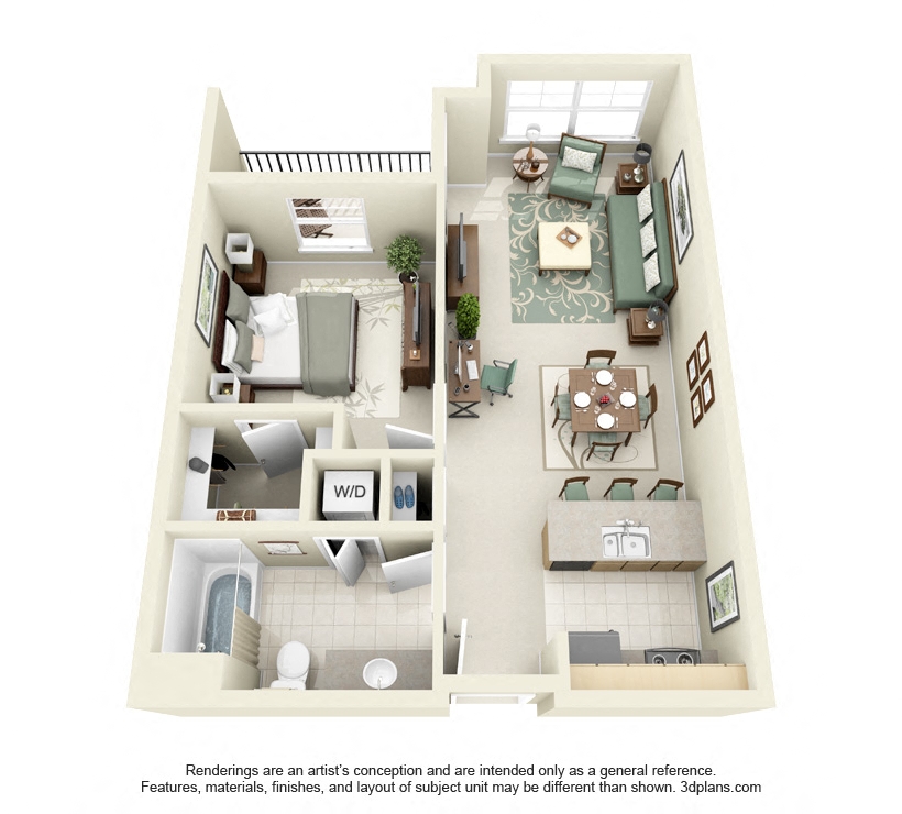 Floor plan for 1 bed, 1 bath, 702 sqft
